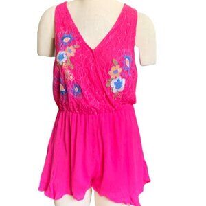 Entro Gauze Romper Lace Embroidered Flowers Racerback Surplice Sz M Pink 48L